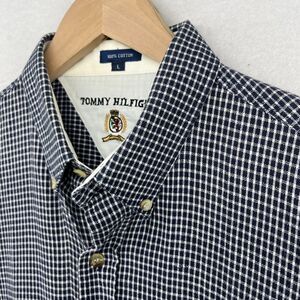 TOMMY HILFIGER Shirt Mens L Oxford Check Button Up Crest Long Sleeve Cotton Blue